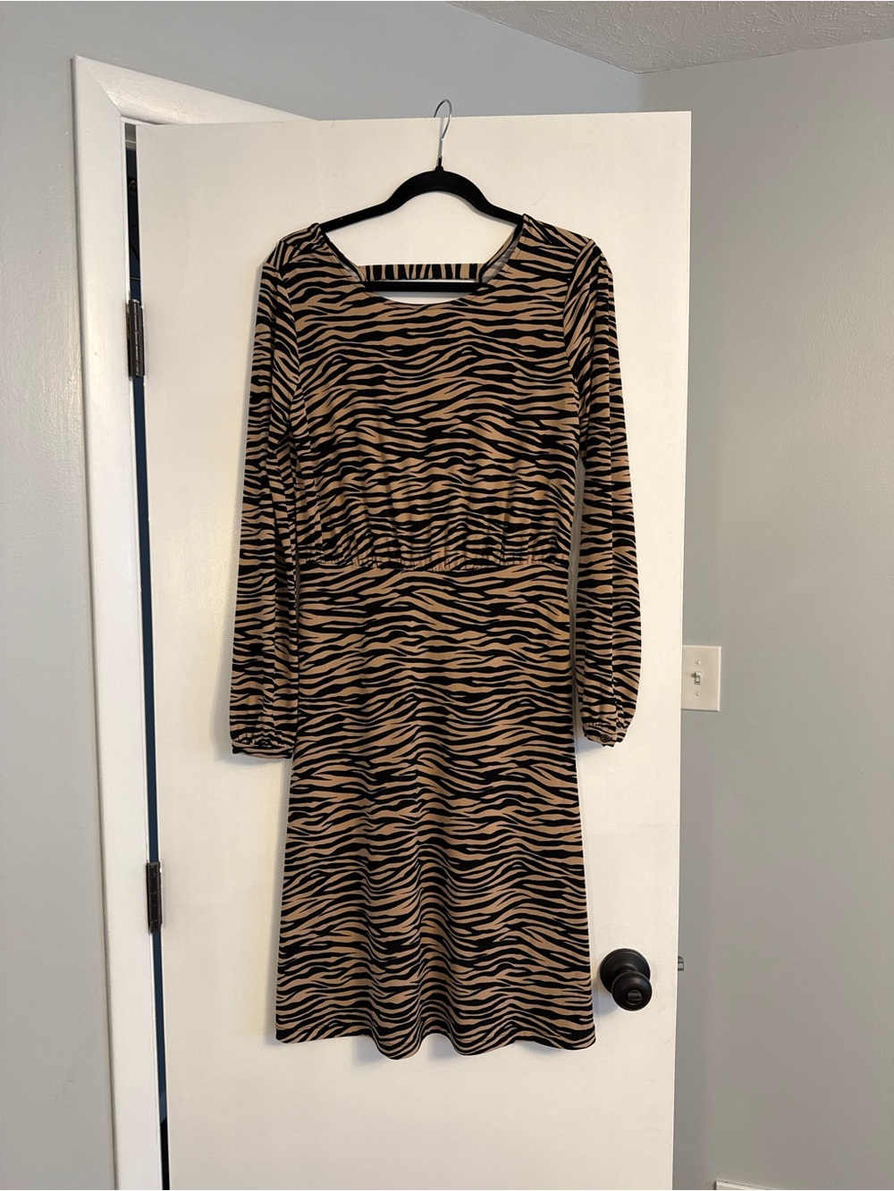 LOFT Long Sleeve Zebra-Print Dress in Tan and Black
